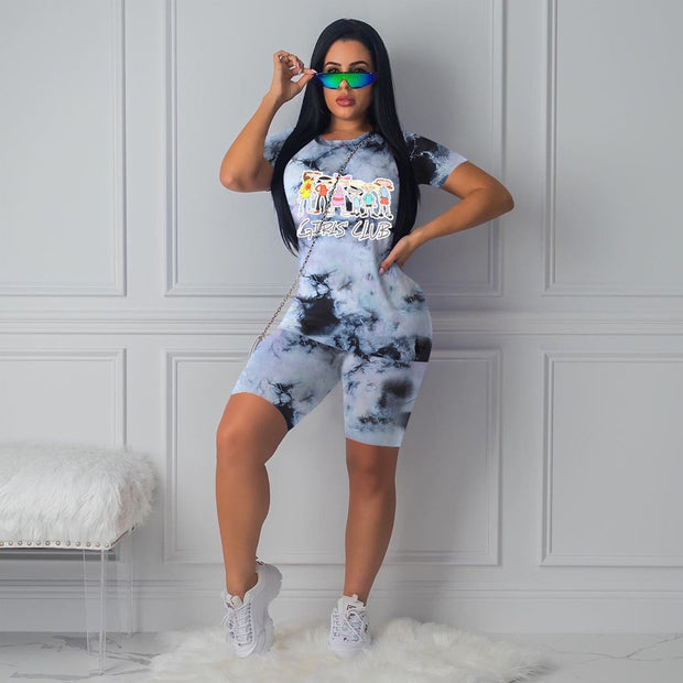 Tie Dye Cartoon T-Shirt & Biker Shorts Set