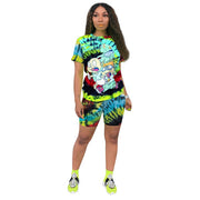 Tie Dye Cartoon T-Shirt & Biker Shorts Set