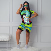 Tie Dye Cartoon T-Shirt & Biker Shorts Set