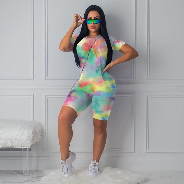 Tie Dye Cartoon T-Shirt & Biker Shorts Set